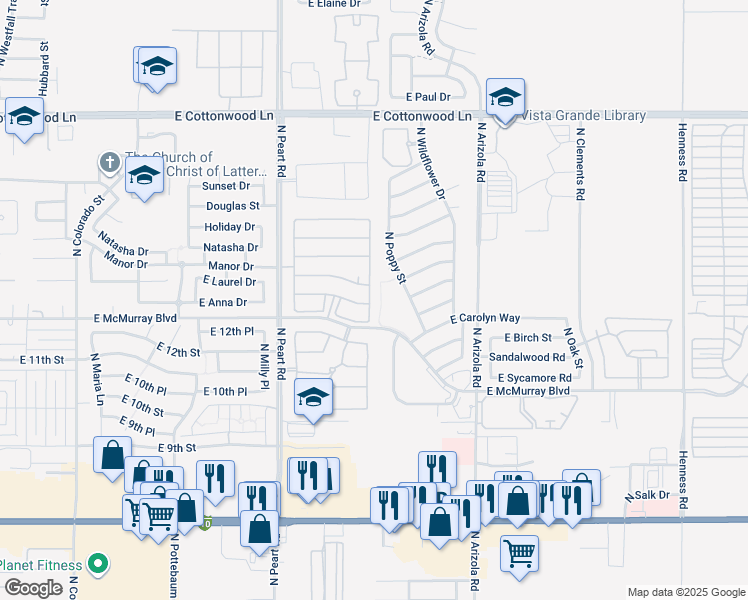 map of restaurants, bars, coffee shops, grocery stores, and more near 1422 North Desert Willow Street in Casa Grande
