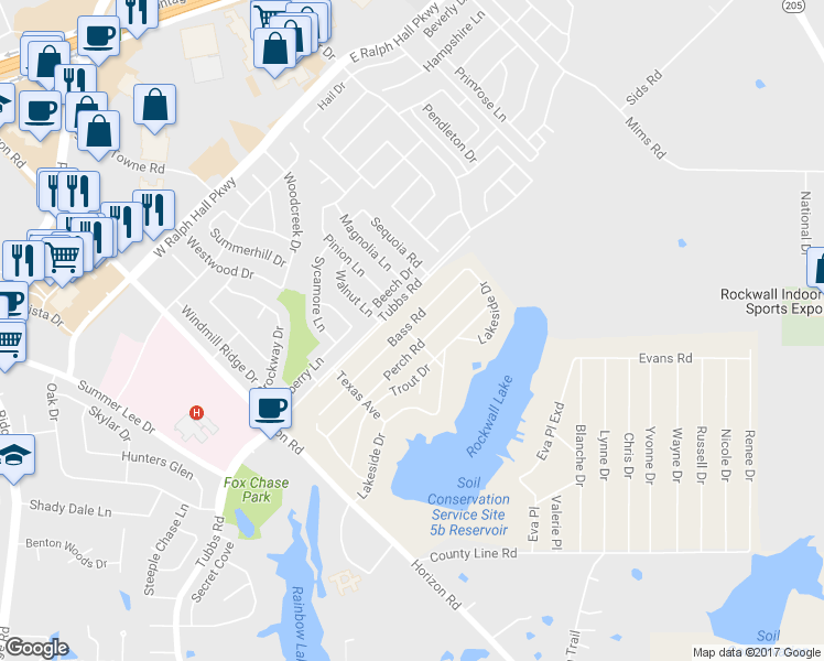 map of restaurants, bars, coffee shops, grocery stores, and more near 425 Bass Road in Rockwall