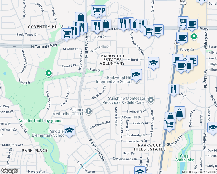 map of restaurants, bars, coffee shops, grocery stores, and more near 5513 Mount McKinley Road in Fort Worth