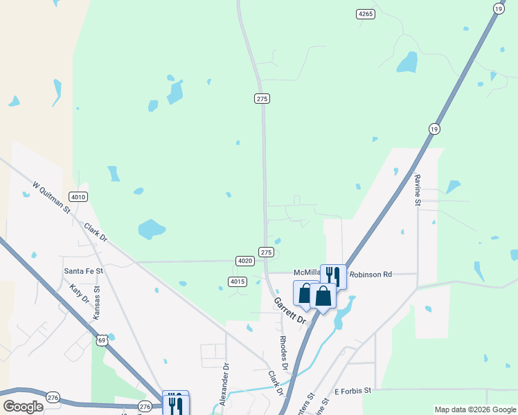map of restaurants, bars, coffee shops, grocery stores, and more near County Road 275 in Emory
