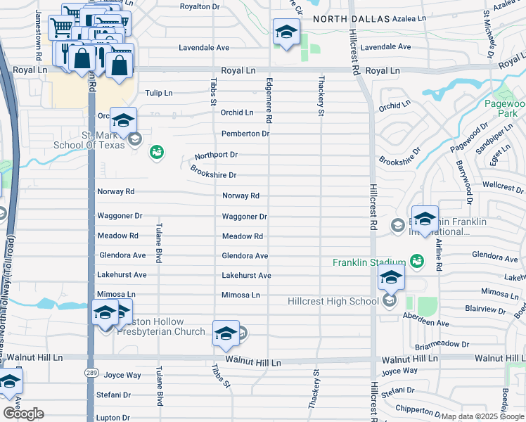 map of restaurants, bars, coffee shops, grocery stores, and more near 6475 Waggoner Dr in Dallas
