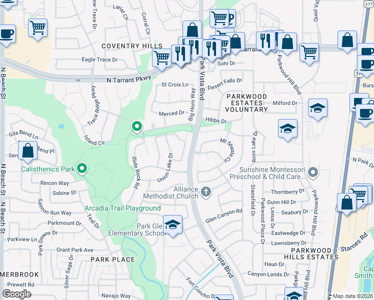 map of restaurants, bars, coffee shops, grocery stores, and more near 8120 Rainier Road in Fort Worth