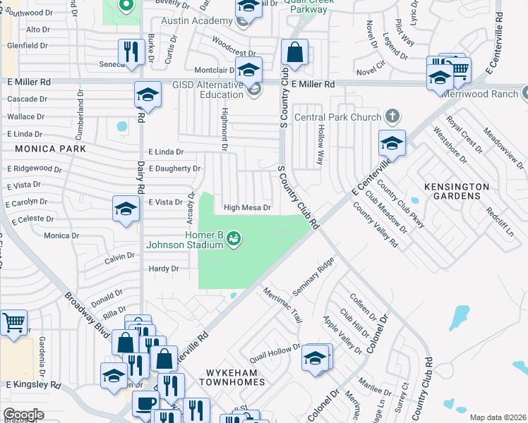 map of restaurants, bars, coffee shops, grocery stores, and more near 1210 High Mesa Drive in Garland