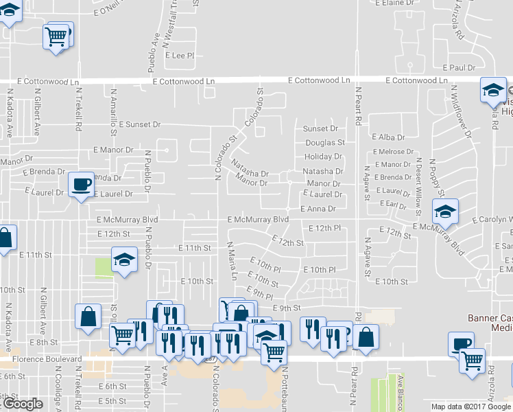 map of restaurants, bars, coffee shops, grocery stores, and more near 1419 Hans Lane in Casa Grande