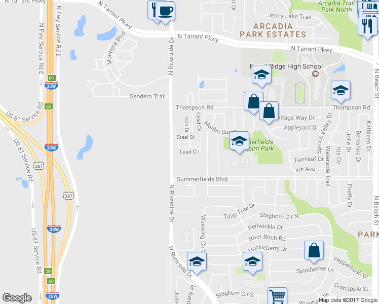 map of restaurants, bars, coffee shops, grocery stores, and more near Lead Cir in Fort Worth
