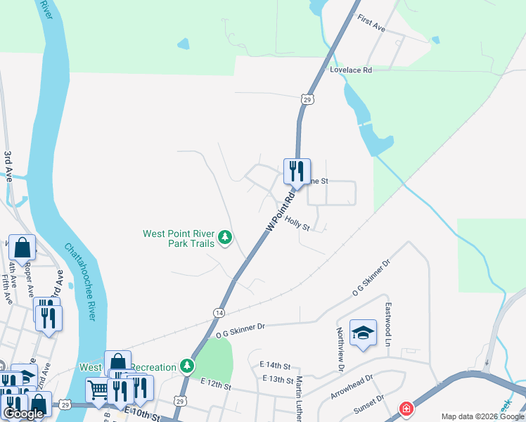 map of restaurants, bars, coffee shops, grocery stores, and more near 1702 Malco Drive in West Point