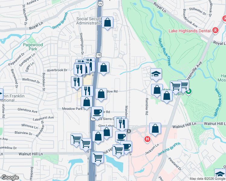 map of restaurants, bars, coffee shops, grocery stores, and more near 8130 Meadow Road in Dallas