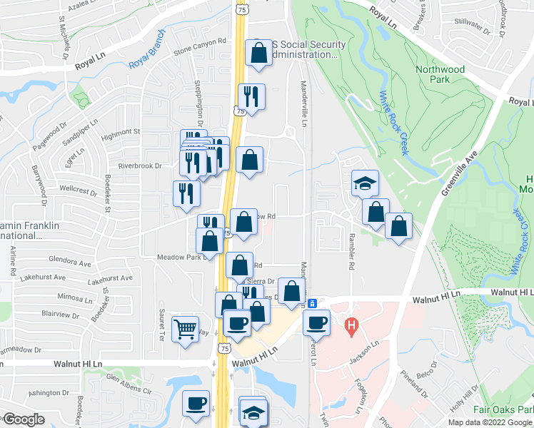 map of restaurants, bars, coffee shops, grocery stores, and more near 8037 Meadow Road in Dallas