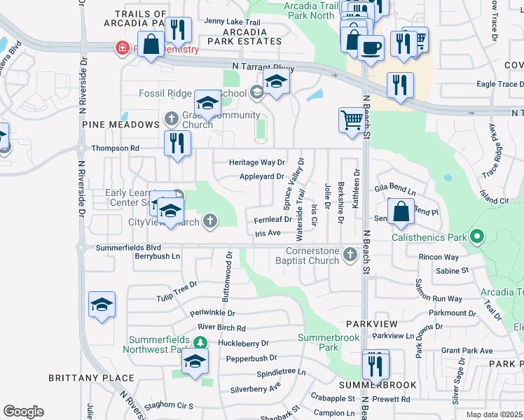 map of restaurants, bars, coffee shops, grocery stores, and more near 4228 Broken Arrow Road in Fort Worth