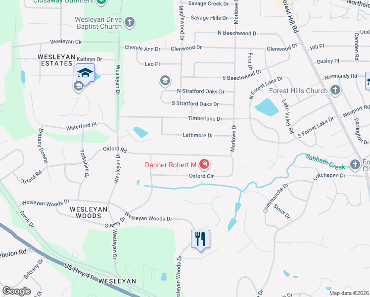 map of restaurants, bars, coffee shops, grocery stores, and more near 4765 Oxford Road in Macon