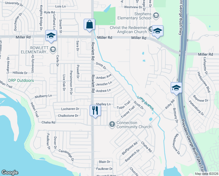 map of restaurants, bars, coffee shops, grocery stores, and more near 3709 Andrea Lane in Rowlett