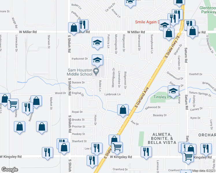 map of restaurants, bars, coffee shops, grocery stores, and more near 2518 Patricia Lane in Garland