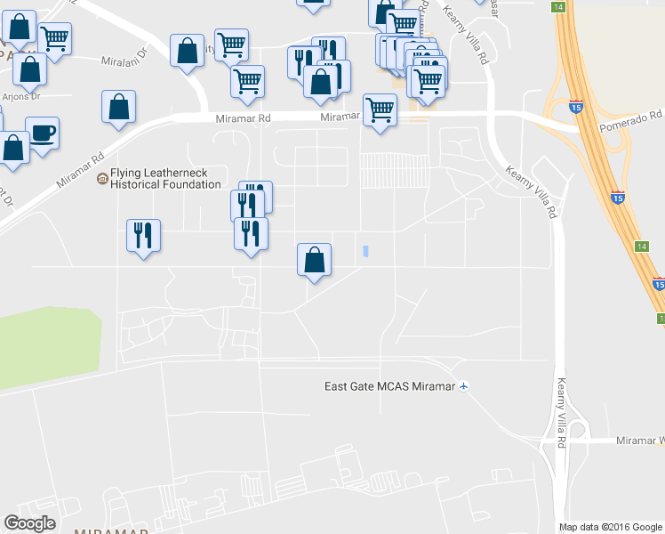 map of restaurants, bars, coffee shops, grocery stores, and more near Bauer Road in San Diego