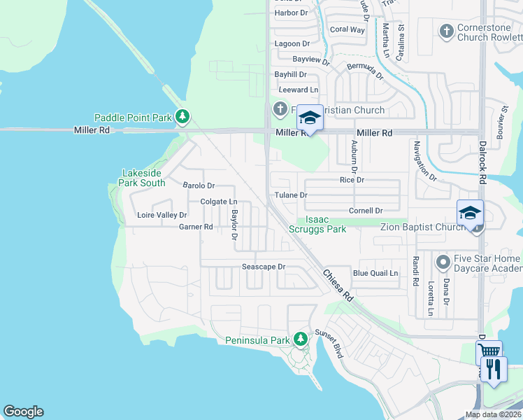 map of restaurants, bars, coffee shops, grocery stores, and more near 2713 College Park Drive in Rowlett