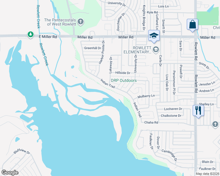 map of restaurants, bars, coffee shops, grocery stores, and more near 1902 Indian Trail in Rowlett
