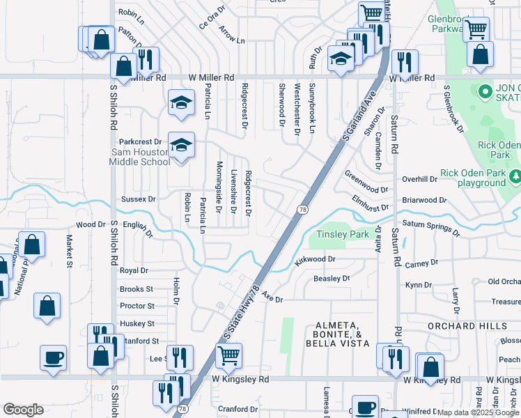map of restaurants, bars, coffee shops, grocery stores, and more near 2522 Ridgecrest Drive in Garland