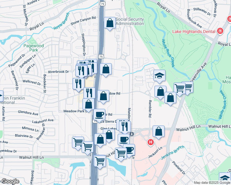 map of restaurants, bars, coffee shops, grocery stores, and more near 8130 Meadow Road in Dallas