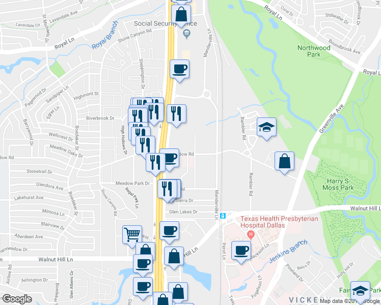 map of restaurants, bars, coffee shops, grocery stores, and more near 8037 Meadow Road in Dallas