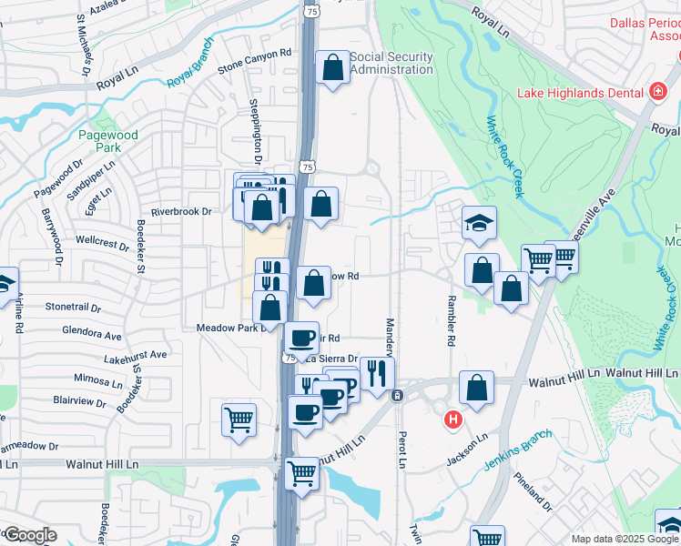 map of restaurants, bars, coffee shops, grocery stores, and more near 8037 Meadow Road in Dallas
