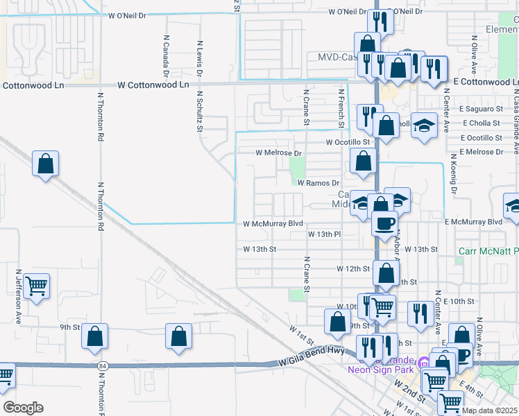 map of restaurants, bars, coffee shops, grocery stores, and more near 28 North Houck Street in Casa Grande