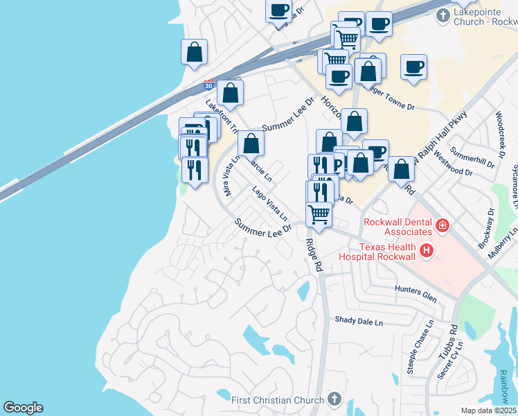 map of restaurants, bars, coffee shops, grocery stores, and more near 2905 Newport Drive in Rockwall