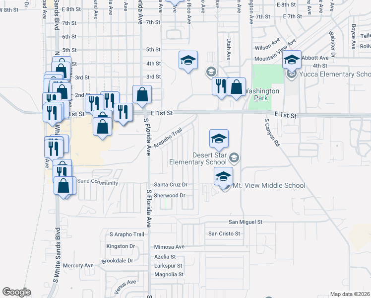 map of restaurants, bars, coffee shops, grocery stores, and more near 304 Santa Fe Drive in Alamogordo
