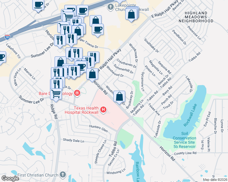 map of restaurants, bars, coffee shops, grocery stores, and more near 206 Windmill Ridge Drive in Rockwall