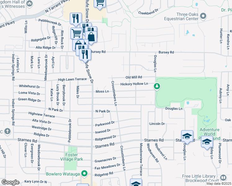 map of restaurants, bars, coffee shops, grocery stores, and more near 6800 Moss Lane in North Richland Hills