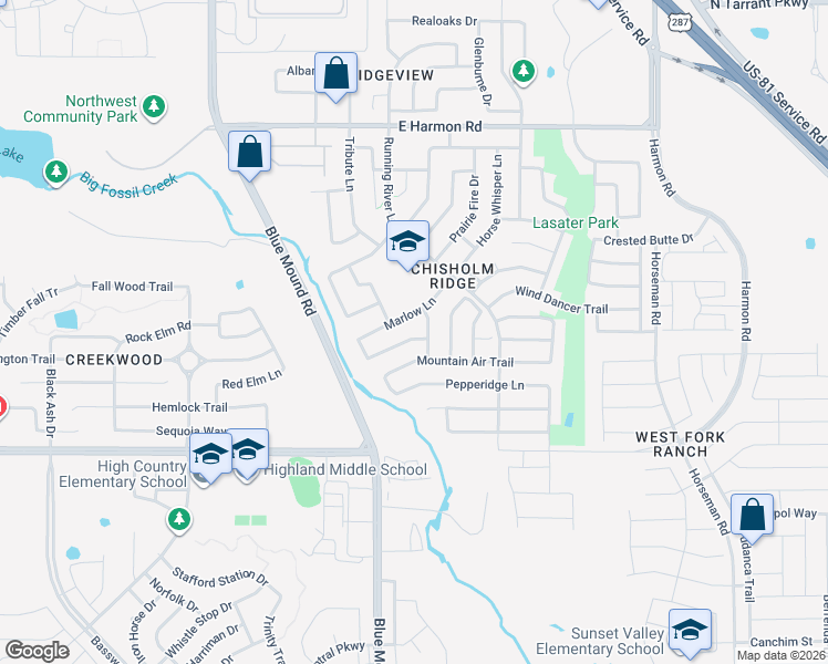 map of restaurants, bars, coffee shops, grocery stores, and more near 1113 Salt Creek Trail in Fort Worth