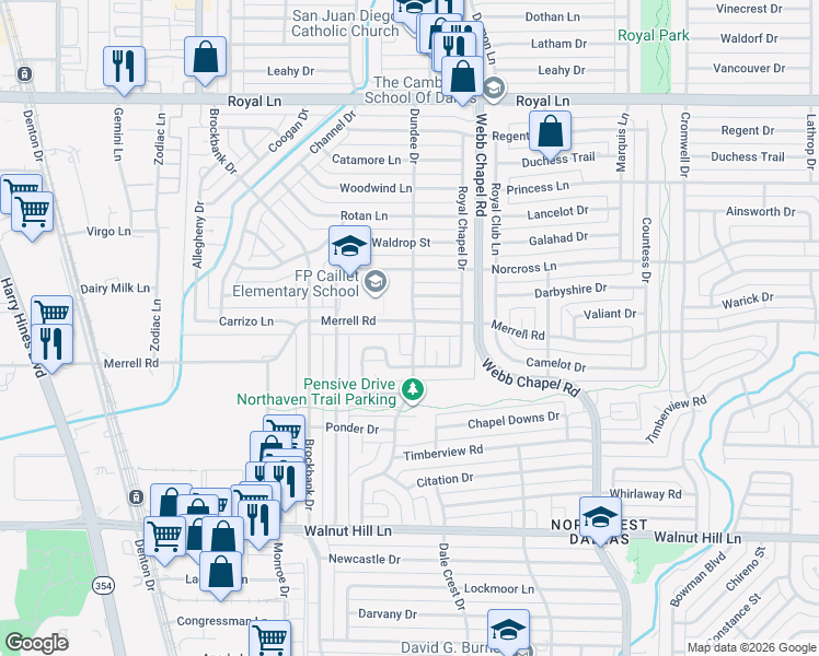map of restaurants, bars, coffee shops, grocery stores, and more near 3124 Merrell Road in Dallas