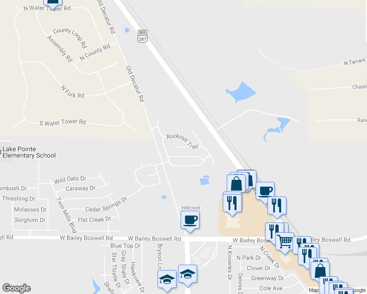 map of restaurants, bars, coffee shops, grocery stores, and more near 4417 Rockmill Trail in Fort Worth