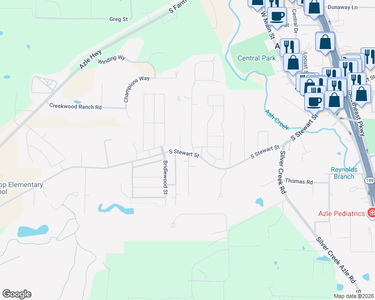 map of restaurants, bars, coffee shops, grocery stores, and more near 608 South Stewart Street in Azle