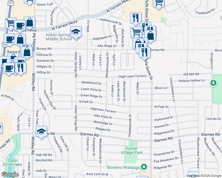 map of restaurants, bars, coffee shops, grocery stores, and more near 8005 Katie Lane in Watauga