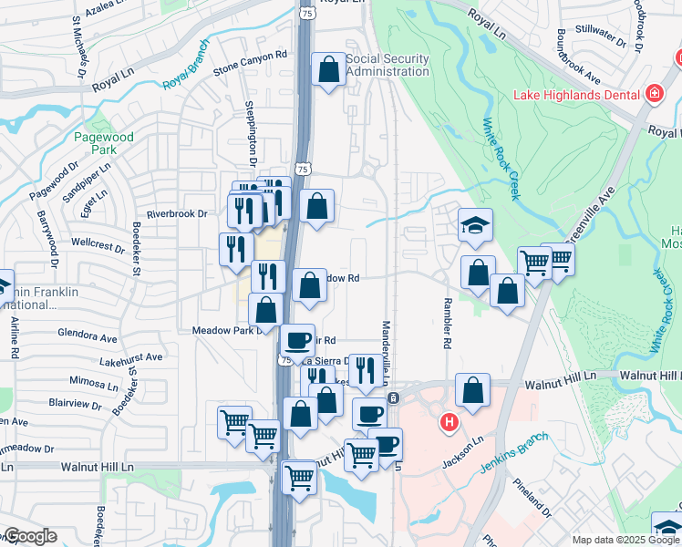 map of restaurants, bars, coffee shops, grocery stores, and more near 8059 Meadow Road in Dallas
