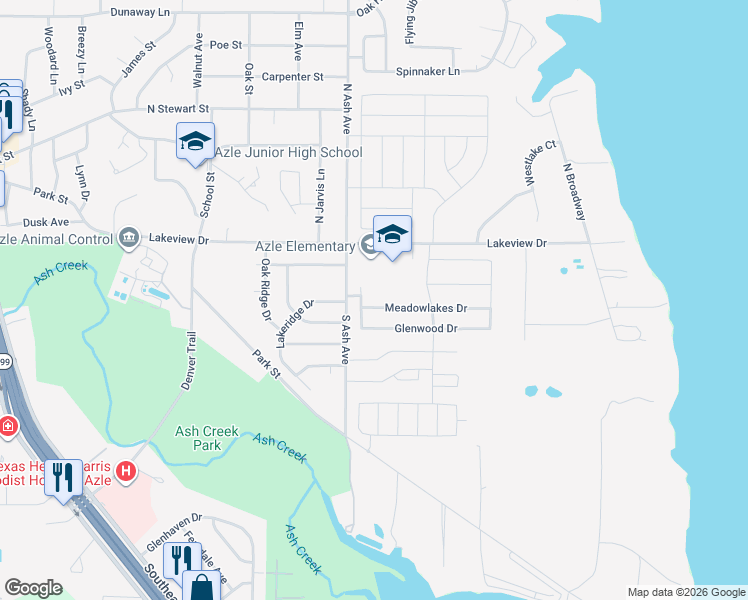 map of restaurants, bars, coffee shops, grocery stores, and more near 1205 Meadowlakes Dr in Azle