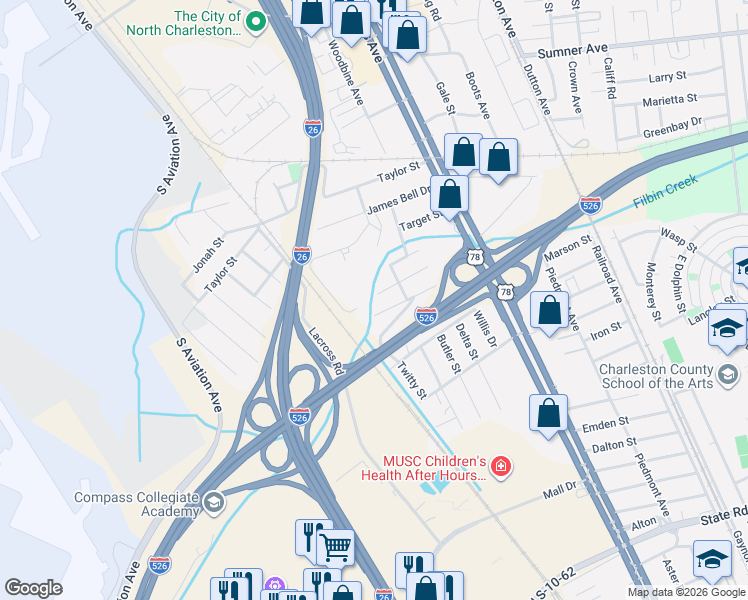 map of restaurants, bars, coffee shops, grocery stores, and more near 2217 Eleanor Drive in North Charleston