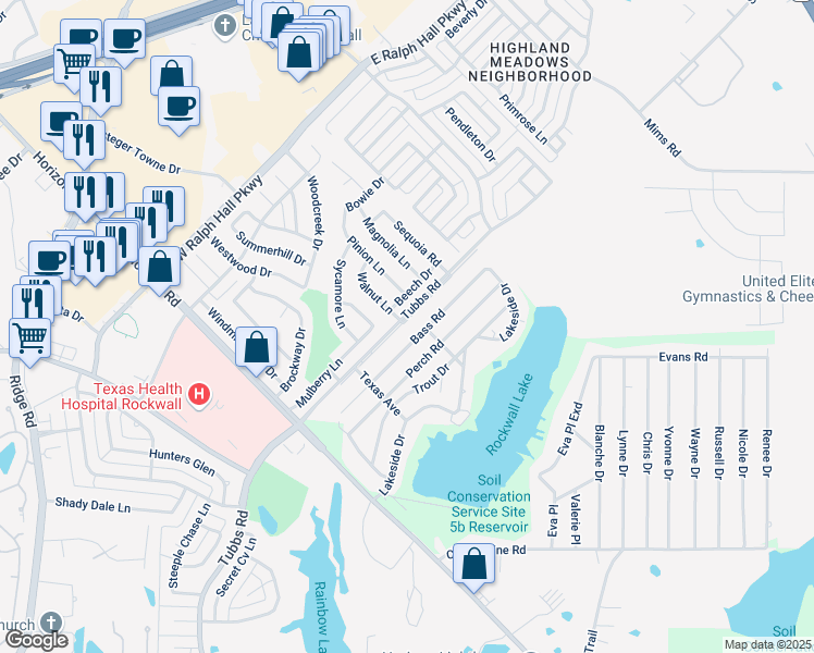 map of restaurants, bars, coffee shops, grocery stores, and more near 459 Tubbs Road in Rockwall