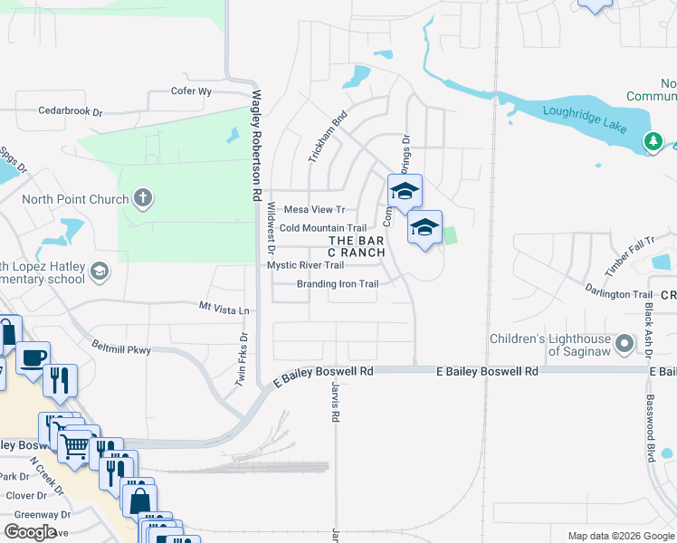 map of restaurants, bars, coffee shops, grocery stores, and more near 413 Mystic River Trail in Fort Worth
