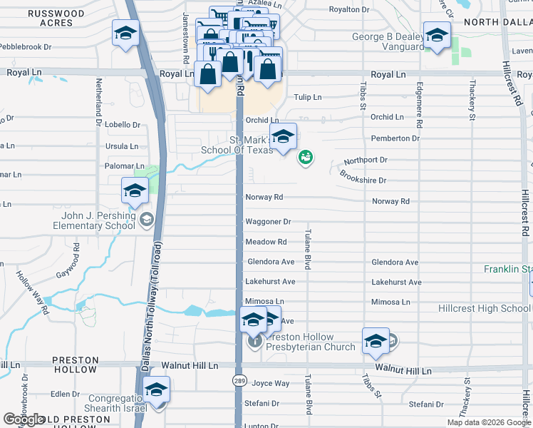 map of restaurants, bars, coffee shops, grocery stores, and more near 6039 Waggoner Drive in Dallas