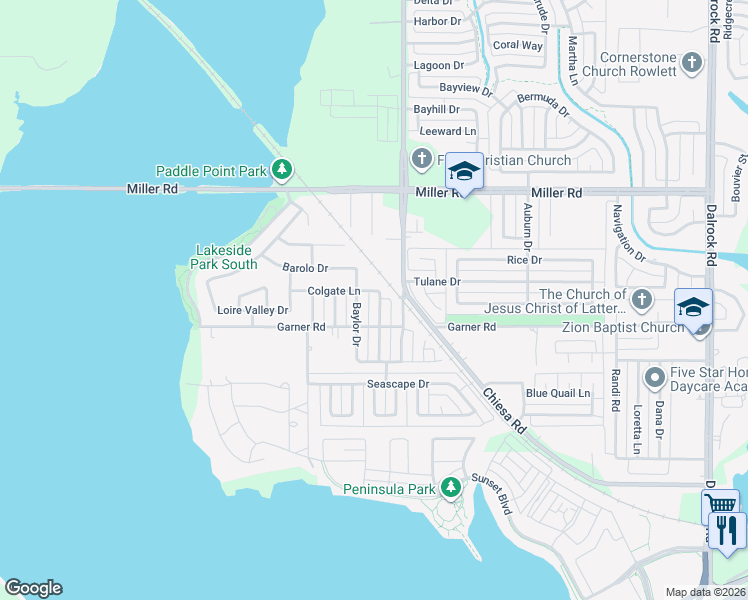 map of restaurants, bars, coffee shops, grocery stores, and more near 2713 College Park Drive in Rowlett