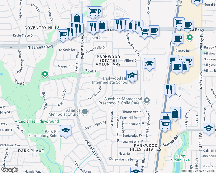 map of restaurants, bars, coffee shops, grocery stores, and more near 5516 Mount McKinley Road in Fort Worth