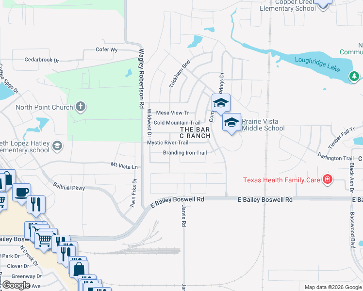map of restaurants, bars, coffee shops, grocery stores, and more near 404 Branding Iron Trail in Fort Worth
