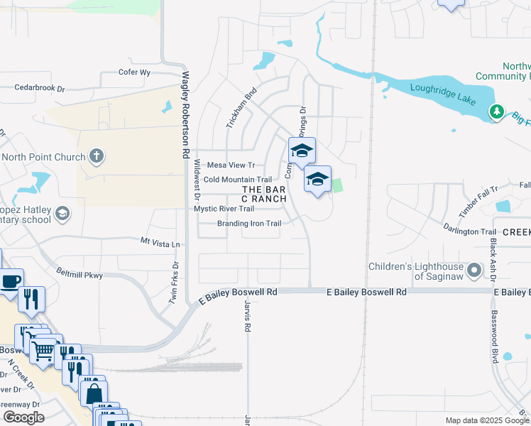 map of restaurants, bars, coffee shops, grocery stores, and more near 325 Mystic River Trail in Fort Worth
