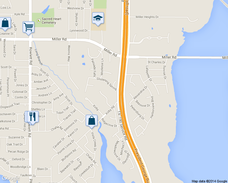 map of restaurants, bars, coffee shops, grocery stores, and more near 4410 Glistening Spring in Rowlett
