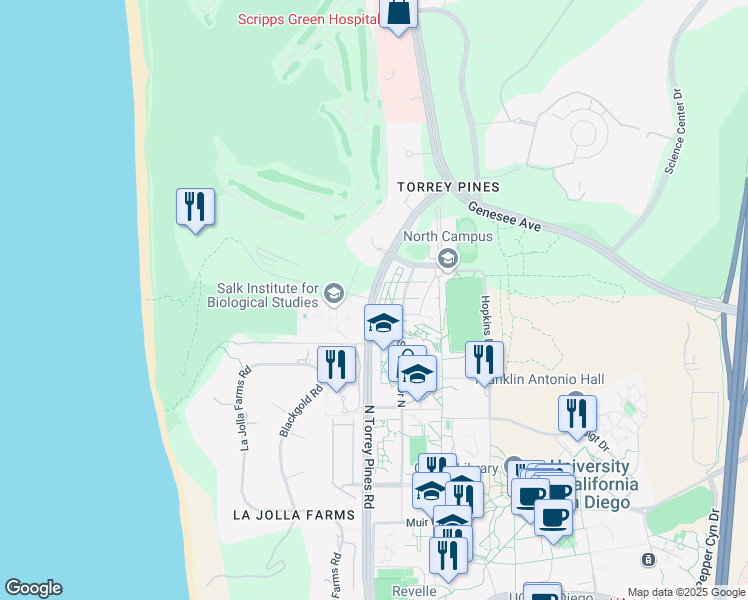 map of restaurants, bars, coffee shops, grocery stores, and more near 2880 Torrey Pines Scenic Drive in San Diego