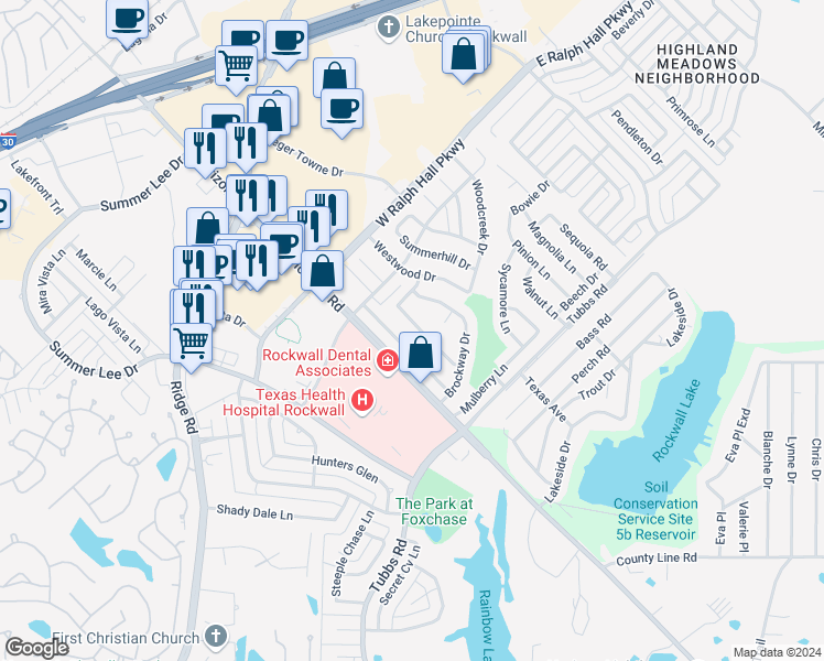map of restaurants, bars, coffee shops, grocery stores, and more near 205 Mapleridge Drive in Rockwall