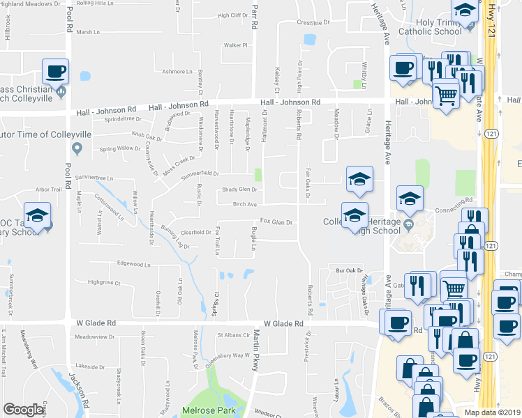 map of restaurants, bars, coffee shops, grocery stores, and more near 3241 Birch Avenue in Grapevine