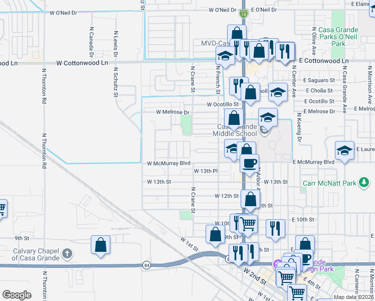 map of restaurants, bars, coffee shops, grocery stores, and more near 550 West McMurray Boulevard in Casa Grande