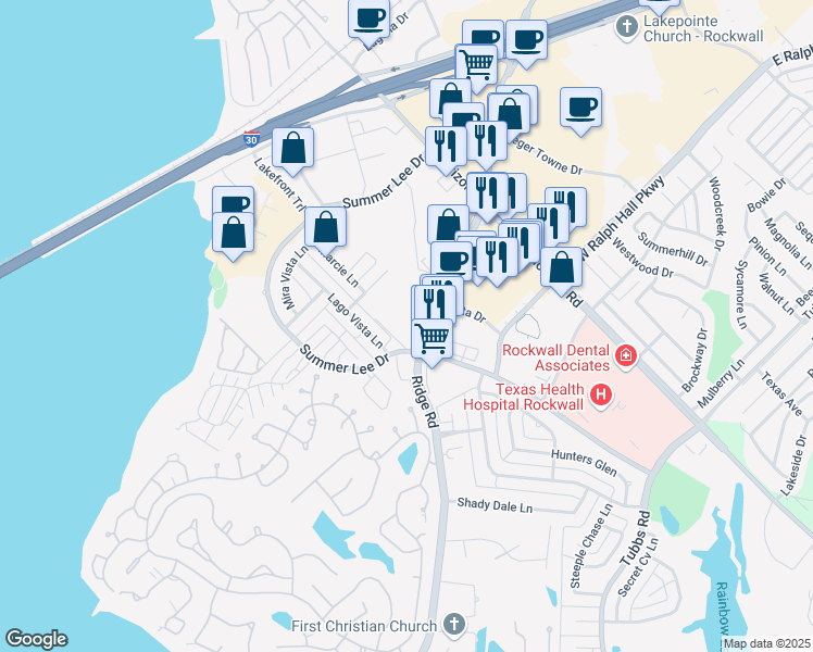 map of restaurants, bars, coffee shops, grocery stores, and more near 3020 Ridge Road in Rockwall