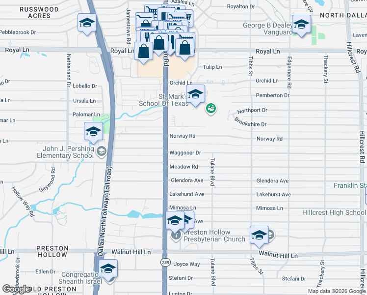 map of restaurants, bars, coffee shops, grocery stores, and more near 6039 Waggoner Drive in Dallas